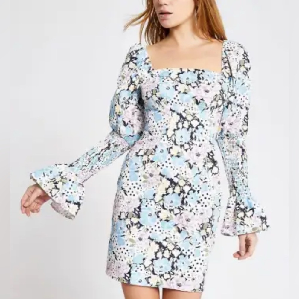 River Island Floral Cottagecore Puff Sleeve Mini Dress Women’s Size 4 US